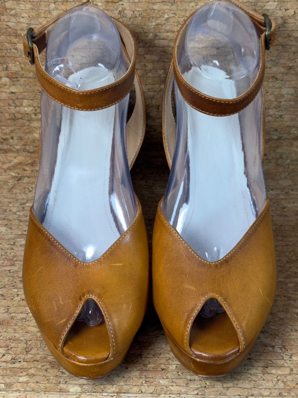 Maison Margiela Tan Leather Peep Toe Wedge Sandals Ankle Strap Heels Wmn EU 39.5